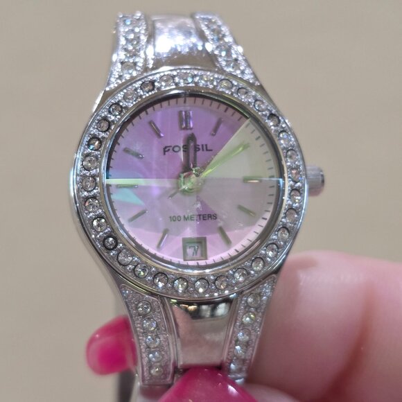 FOSSIL BLUE Pink Dial Rivoli Crystal 100M Quartz Watch Jeweled Bezel Band AM4026 main image 12